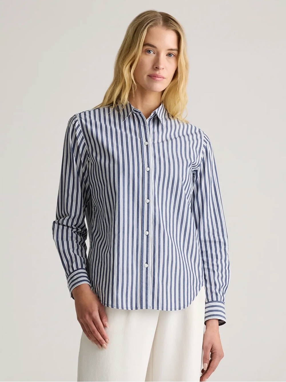 NWT Quince 100% Cotton Poplin Long Sleeve Boyfriend Shirt Hudson Stripe M